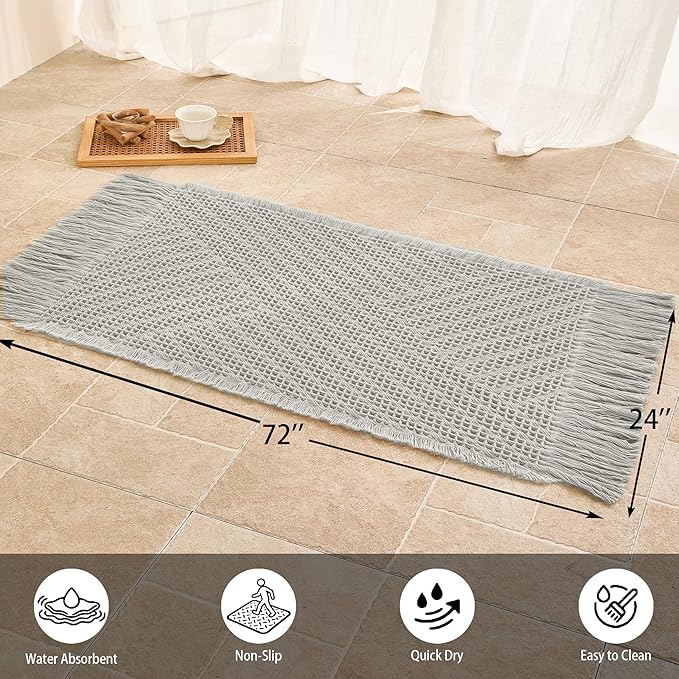 Waffle Runner Rug Non Slip, Boho Bath Mat, Super Absorbent Quick Dry Long Bath Runner Bathroom, Soft Farmhouse Bath Rug with Tassels, Washable Shower Mats for Floor 24"x72", Tassels Light Grey