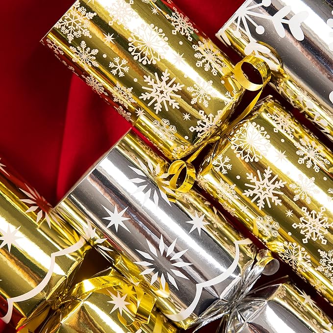 JOYIN 8 Pack Christmas No Snap Party Table Favor with Gold & Silver Snowflake Design, with Party Hat, Joke & Little Gift Inside, for Xmas Gift, Christmas Seasonal Holiday Dinner