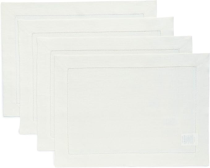 Solino Home Linen Placemats Set of 4 - Classic Hemstitch Ivory Placemats 14 x 19 Inch - 100% Pure Linen Table Mats for Fall, Autumn, Christmas, Holiday, New Year