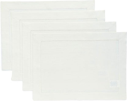 Solino Home Linen Placemats Set of 4 - Classic Hemstitch Ivory Placemats 14 x 19 Inch - 100% Pure Linen Table Mats for Fall, Autumn, Christmas, Holiday, New Year