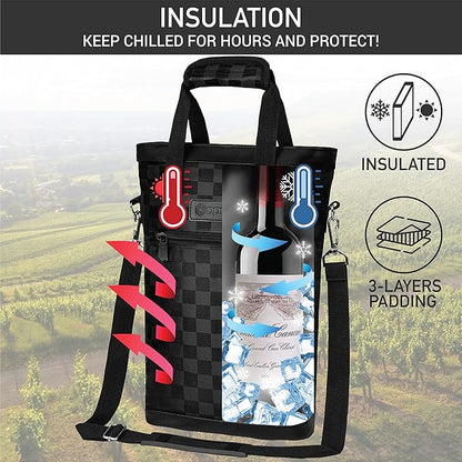 opux Two Bottle Wine Bag Carrier Tote, Insulated Leakproof 2 Bottle Wine Cooler Bag for Travel BYOB Picnic, Portable Wine Case, Gift for Men Women Wine Lover Birthday Party Christmas, Checker Black