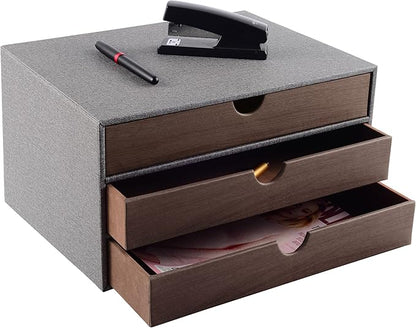 Cloth-effect Faux Leather Desk Organizer File Cabinet Executive Office Supplies Desktop Filing A4 Contract Document Stackable Storage Box with 3 Drawers (Grey)