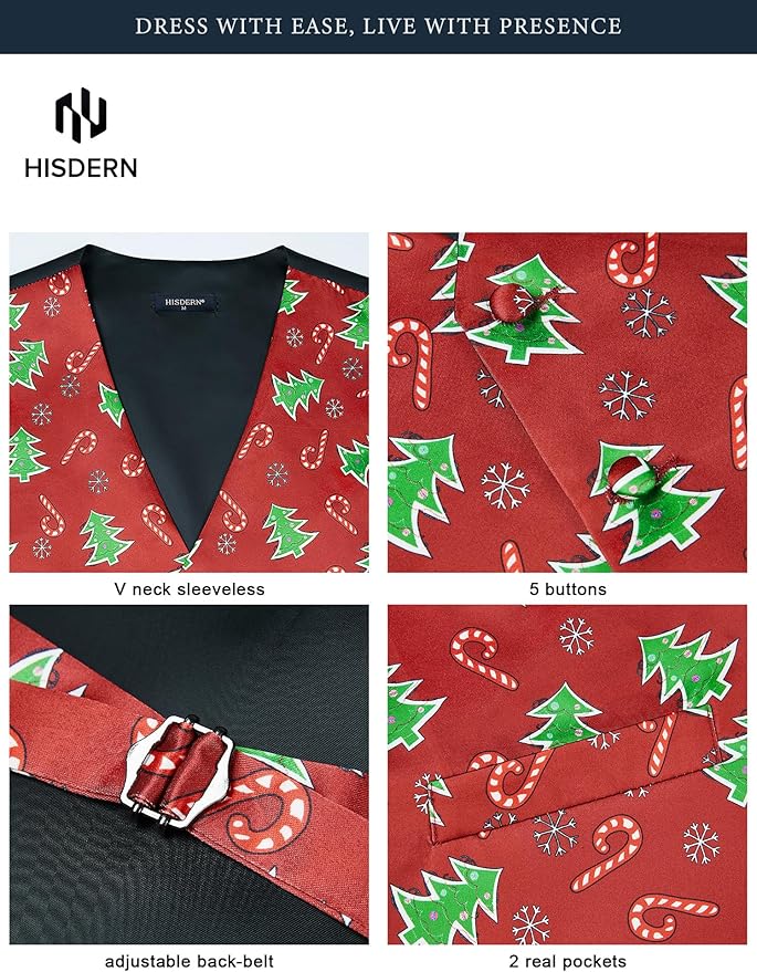 HISDERN Men's Suit Vest Christmas Holiday Season Party Jacquard Waistcoats Necktie Pocket Square Vest Suit Set