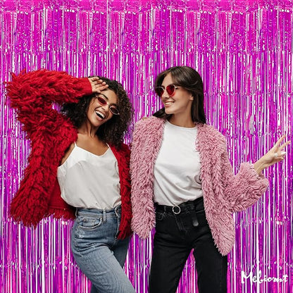 4 Pack Fuchsia Fringe Curtain Backdrop, 3.2Ft x 8.2Ft Metallic Tinsel Foil Fringe Streamers Background for Photo Booth Birthday Wedding Baby Shower Carnival Easter Mother’s Day Party Decorations