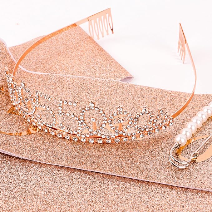 CIEHER 55th Birthday Crown & Sash Set - Pearl Pin Tiara, Fabulous 55th Birthday Decorations for Women