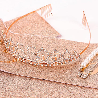CIEHER 55th Birthday Crown & Sash Set - Pearl Pin Tiara, Fabulous 55th Birthday Decorations for Women