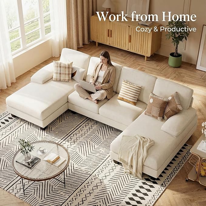 Homall Modular Sectional U Shaped Sofa Couches for Living Room, Comfy Chenille 4 Seat Sofa Set with Removable Pillows, Lounge Chaise Upholstered Couch for for Apartment (Chenille, White)