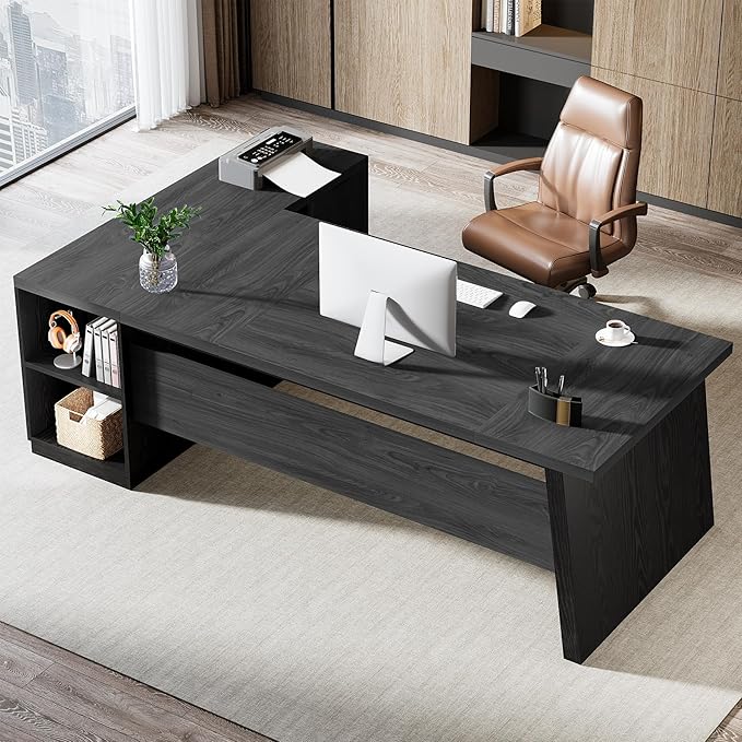 Tribesigns 78" L Shaped Desk with Drawers, Lage Office Desk with Storage Shelves, Modern Corner Computer Desk for Home Office (Gray and Black)