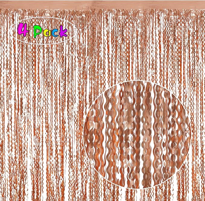 4 Pack Rose Gold Birthday Decorations - 3.3x6.6ft Wavy Tinsel Foil Party Streamer Party Supplies Background