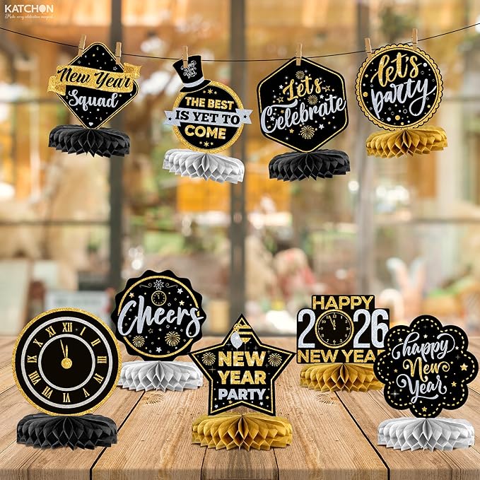 KatchOn, New Years Centerpieces For Tables - Pack of 9 | New Years Eve Party Supplies 2026 | Black and Gold Honeycomb for New Year Decorations 2026 | New Year Eve Party Decorations