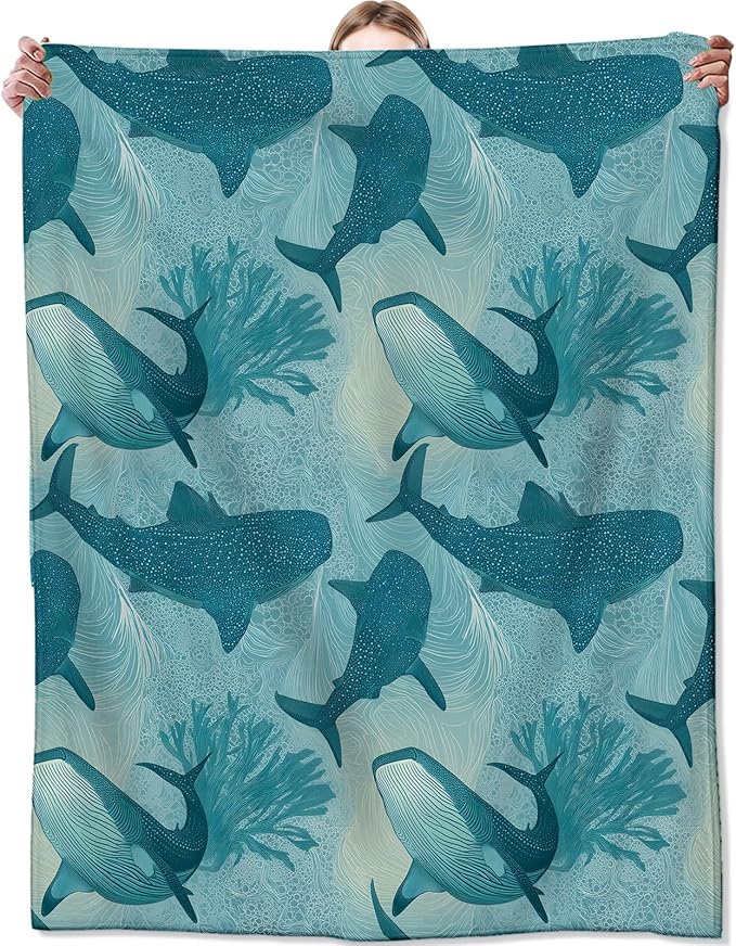 Ocean Whale Coral Blanket,Vintage Marine Life Blankts,Gifts for Sea Lovers Kids,Beach House Bedroom Cabin Picnic Travel Coastal Decor,Nautical Soft Cozy Lightweight Flannel Throw,50"x60"