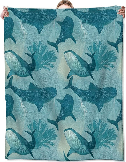 Ocean Whale Coral Blanket,Vintage Marine Life Blankts,Gifts for Sea Lovers Kids,Beach House Bedroom Cabin Picnic Travel Coastal Decor,Nautical Soft Cozy Lightweight Flannel Throw,50"x60"
