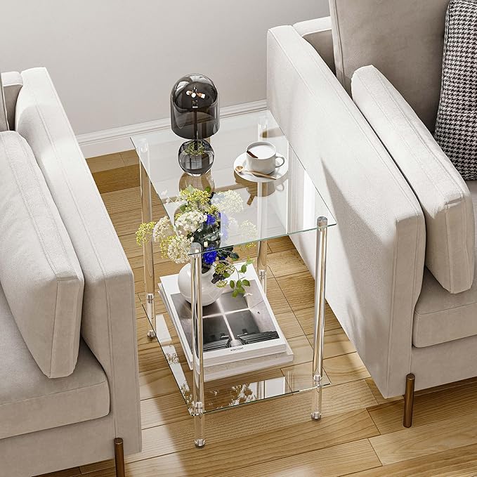 Tempered Glass Side Tables Set of 2 Acrylic End Table with 2 Storage Shelve transparent Bedside simplicity clear 2-Tier Nightstands small Spaces Office Bedroom Living Room Study Transparent ET-008TR