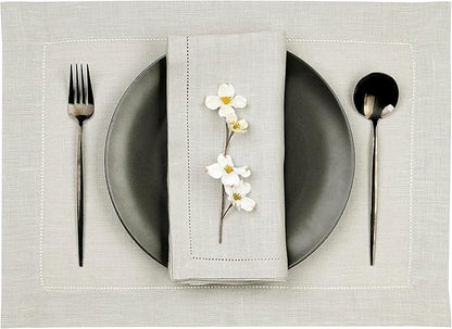 D'Moksha Homes Silver Grey Linen Cloth Placemats Set of 8-100% Pure Linen Hemstitch Placemats 14 x 19 Inch - Classic Hemstitch Table Place Mats for Christmas - Handcrafted and Machine Washable