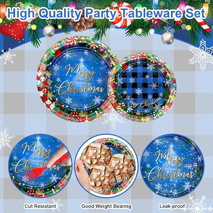 Avezano 192 Pcs Christmas Paper Plates and Napkins Merry Chirstmas Party Tableware Decorations Plaid Christmas Tree Disposable Dinnerware Set Serve 24 (Blue)