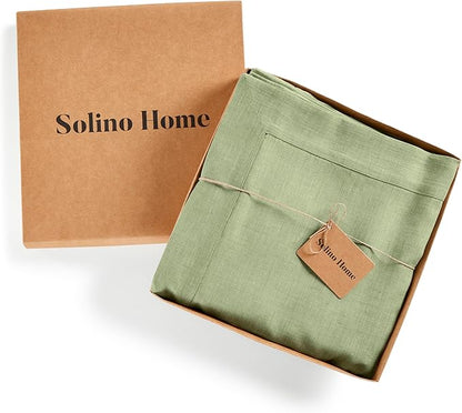 Solino Home Linen Tablecloth 60 x 120 Inch - 100% Pure Linen Chambray Olive Table Cloth for Rectangle Tables - Athena, Machine Washable Tablecloth for Fall, Autumn, Thanksgiving, Christmas