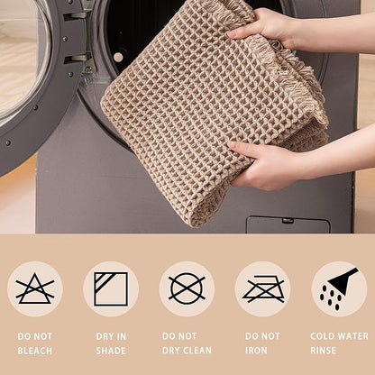 Waffle Bath Mat Non Slip, Boho Bathroom Rug, Super Absorbent Quick Dry Bathroom Mat, Soft Farmhouse Bath Rug with Tassels, Small Washable Shower Mats for Floor 24"x36", Square Brown