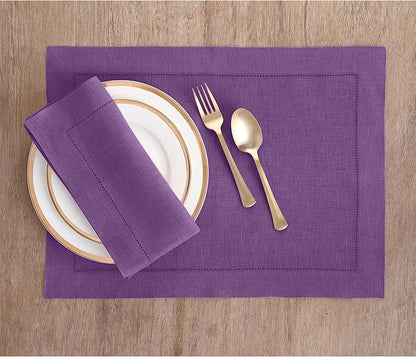 Solino Home Linen Placemats Set of 4 - Classic Hemstitch Purple Placemats 14 x 19 Inch - 100% Pure Linen Table Mats for Fall, Autumn, Winter, Holiday, Christmas, New Year