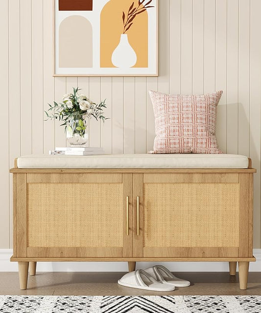 Rattan Shoe Storage Bench with Cushion, 2-Tier Entryway Bench with Adjustable Shelves and 2 Doors, 15" D x 39.4" W x 20" H, Solid Wood Legs, for Hallway, Living Room, Bedroom, Natural Oak