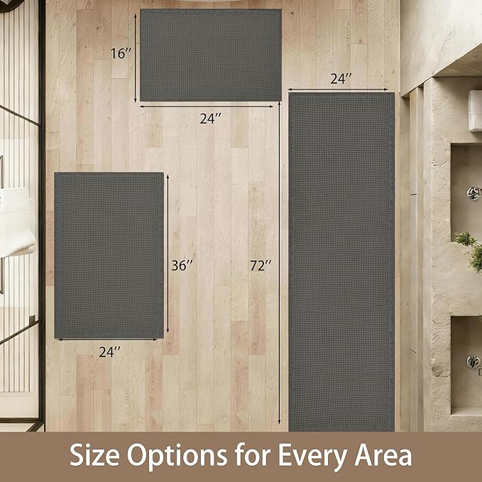 Waffle Bath Mat Non Slip, Boho Runner Rug, Super Absorbent Quick Dry Long Bath Runner Bathroom, Soft Farmhouse Bath Rug with Tassels, Washable Shower Mats for Floor 24"x48", Dark Grey