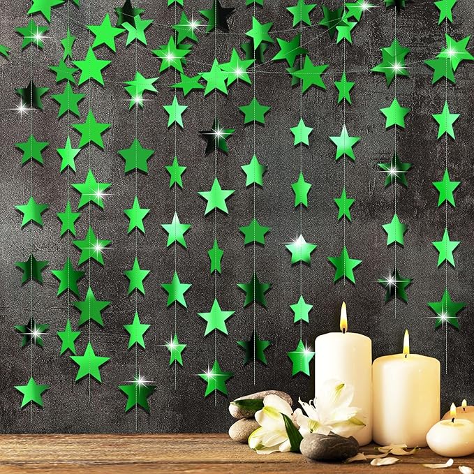 Patelai Glitter Star Garland Banner Christmas Decor 130 Feet Star Hanging Bunting Banner Twinkle Backdrop for Homecoming Classroom Wedding Birthday Halloween Party Supplies(Green)