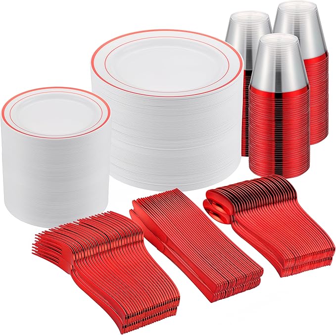 300 PCS Red Dinnerware Set for 50 Guests,Red Rimmed Heavy Duty Plastic Disposable Plates for Party Wedding-50 Dinner Plates,Dessert Plates,Spoons,Forks,Knives,Cups