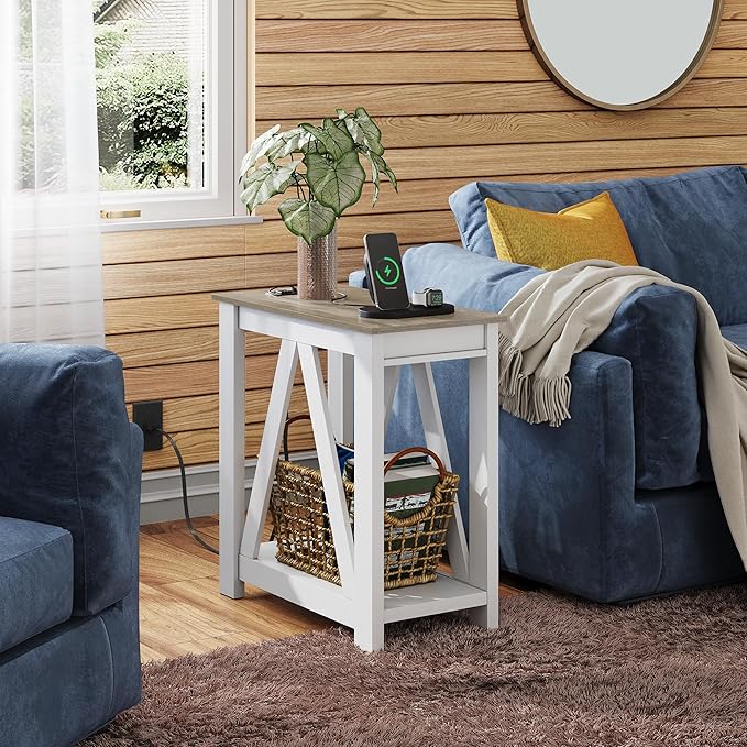 WLIVE Farmhouse End Table, Narrow Side Table with Charging Station, Slim End Table, Side Table for Bedroom, Living Room, Small Spaces, 2 USB and 2 Power Outlets, 11.8" D x 23.6" W x 23.74" H