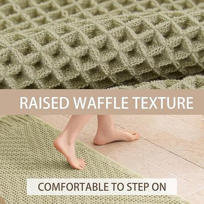 Waffle Bath Mat Non Slip, Boho Runner Rug, Super Absorbent Quick Dry Long Bath Runner Bathroom, Soft Farmhouse Bath Rug with Tassels, Washable Shower Mats for Floor 24"x48", Tassels Sage Green