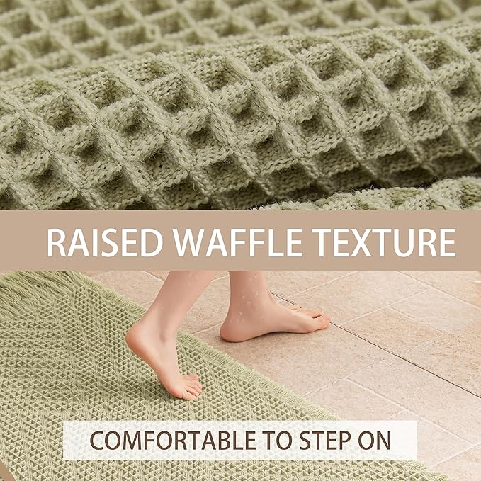 Waffle Bath Mat Non Slip, Boho Bathroom Rug, Super Absorbent Quick Dry Bathroom Mat, Soft Farmhouse Bath Rug with Tassels, Small Washable Shower Mats for Floor 24"x36", Tassels Sage Green