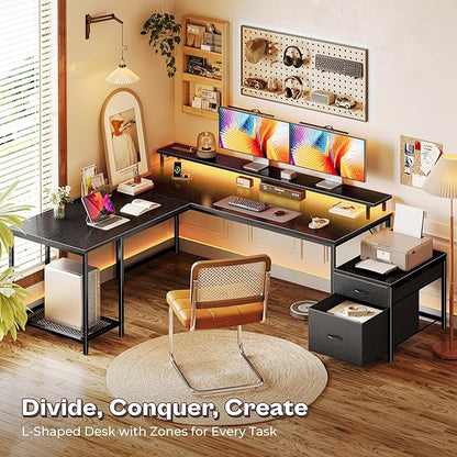 PRAISUN 66" L Shaped Gaming Desk with LED Lights & Power Outlets, Computer Desk with Fabric Drawers and Print Stand, Corner Office Desk, Monitor Stand, Mesh CPU Stand, Black