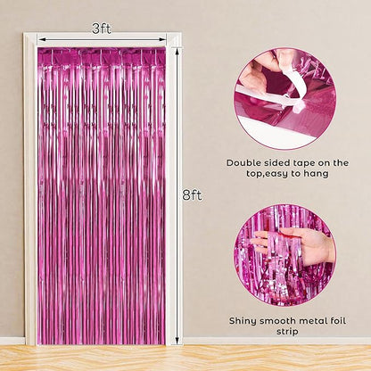 BTSD-home 10 Pack Pink Foil Fringe Curtain, Metallic Photo Booth Backdrop Tinsel Door Curtains for Wedding Birthday Bridal Shower Baby Shower Bachelorette Christmas Party Decorations(8ft x 3ft)