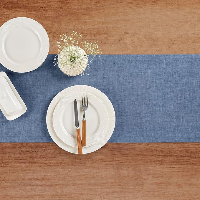 Solino Home Linen Table Runner 120 Inches Long - Athena, 100% Pure Linen Blue Denim Dining Table Runner 14 x 120 Inch for Thanksgiving