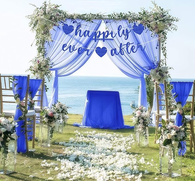 Pre-Strung Happily Ever After Banner - Royal Blue Glitter Bachelorette Bridal Engagement Party Decoration Supplies, Bachelorette Wedding Party Banner for Engagement, Bridal Shower, Wedding Party Photo Booth Props
