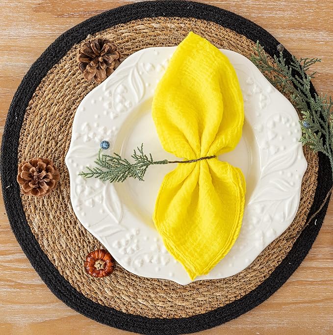 Cheesecloth Napkins 17x17 Inches Cloth Napkins Reusable Handmade Washable for Lunch Dinner Wedding Baby Shower Bridal Shower Party Rustic Boho Decorations Bulk Set of 10 Yellow