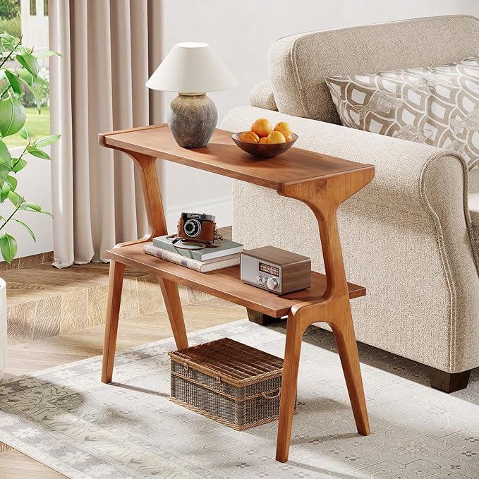 Tribesigns Set of 2 Solid Wood End Table, Modern Side Table for Couch, 2-Tier Narrow Tall End Table, Long Bedside Table for Living Room, Bedroom, Walnut