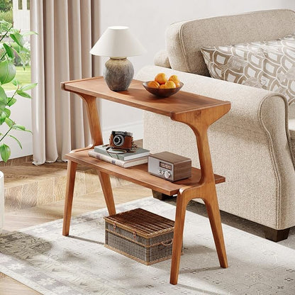 Tribesigns Solid Wood End Table, Modern Side Table for Couch, 2-Tier Narrow Tall End Table, Long Bedside Table for Living Room, Bedroom, Walnut