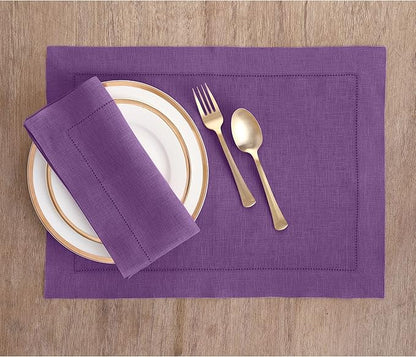 Solino Home Purple Linen Napkins Set of 4-100% Pure Linen Hemstitch Dinner Napkins 20 x 20 Inch for Fall, Autumn, Winter, Holiday, Christmas, New Year - Classic Hemstitch