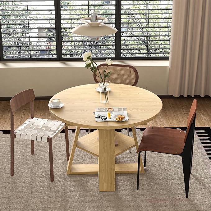 43.3in-59in Extendable Round Dining Table for 4-8,Modern Kitchen Oval Dining Table with Removable Leaves Space Saving,Wood Base with Storage Shelf for Kitchen Living Room (Wood Color)