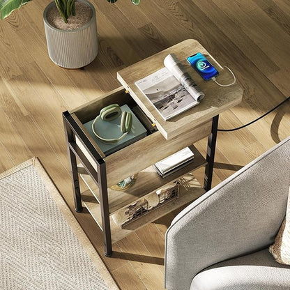 WLIVE End Table with Charging Station, Flip Top Narrow Side Table with Storage Shelf, Small Nightstand with USB Ports and Outlets,Bedside Table for Living Room, Bedroom,11.81" D x 23.62" W x 24.33" H