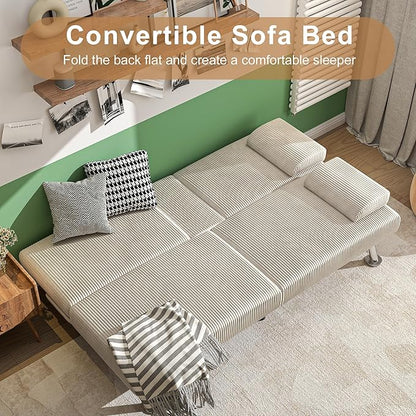 Shahoo Modern Upholstered Convertible Folding Futon Sofa Bed with Removable Armrests, Metal Legs, 2 Cup Holders for Living Room, Beige