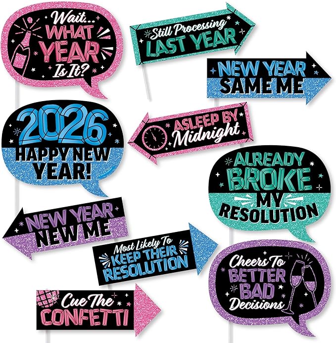 Big Dot of Happiness Funny Colorful New Year Photo Props, 2026 New Year's Eve Party Decoration, NYE Midnight Photo Booth Props Kit – 10 Count Selfie Sticks