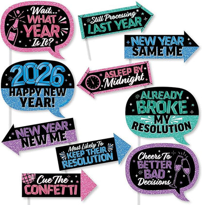 Big Dot of Happiness Funny Colorful New Year Photo Props, 2026 New Year's Eve Party Decoration, NYE Midnight Photo Booth Props Kit – 10 Count Selfie Sticks