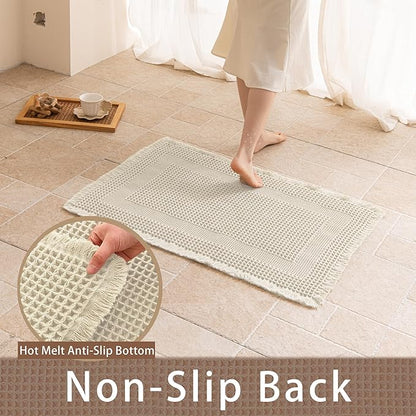 Waffle Bath Mat Non Slip, Boho Bathroom Rug, Super Absorbent Quick Dry Bathroom Mat, Soft Farmhouse Bath Rug with Tassels, Small Washable Shower Mats for Floor 20"x32", Square Cream