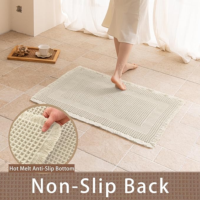 Waffle Bath Mat Non Slip, Boho Runner Rug, Super Absorbent Quick Dry Long Bath Runner Bathroom, Soft Farmhouse Bath Rug with Tassels, Washable Shower Mats for Floor 24"x48", Square Cream