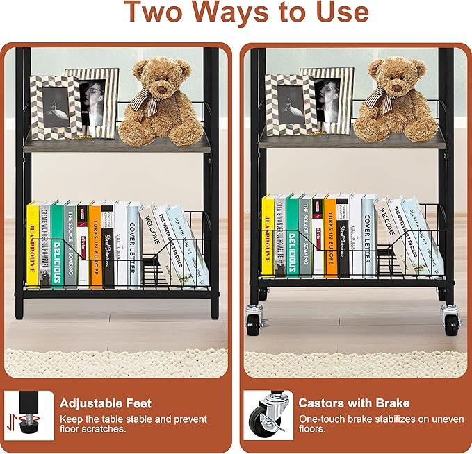 4-Tier Tall Side Table with Optional Wheels, Narrow End Table with Drawer and Shelves, 30" High Small Storage Table for Living Room, Bedroom, Bathroom, Black & Grey
