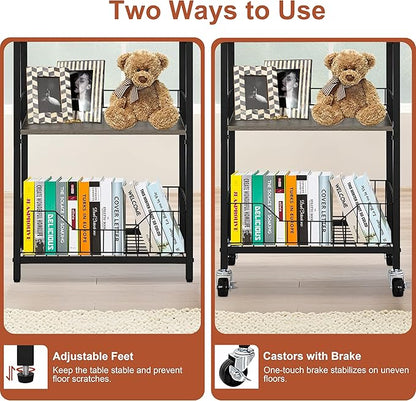 4-Tier Tall Side Table with Optional Wheels, Narrow End Table with Drawer and Shelves, 30" High Small Storage Table for Living Room, Bedroom, Bathroom, Black & Grey
