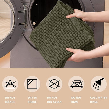 Waffle Bath Mat Non Slip, Boho Runner Rug, Super Absorbent Quick Dry Long Bath Runner Bathroom, Soft Farmhouse Bath Rug with Tassels, Washable Shower Mats for Floor 24"x48", Square Olive Green