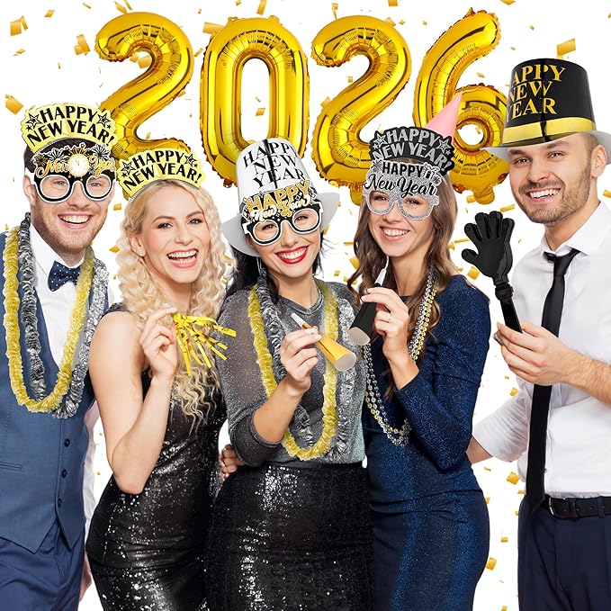 Fovths 290 Pieces 2026 New Years Eve Party Supplies Party Top Hats Headband Glasses Hand Clapper Leis Necklaces 2026 Gold Foil Balloons Happy New Year Decorations