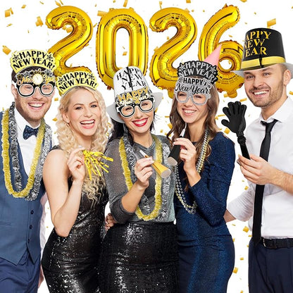 Fovths 145 Pieces 2026 New Years Eve Party Supplies Party Top Hats Headband Glasses Hand Clapper Leis Necklaces 2026 Gold Foil Balloons Happy New Year Decorations