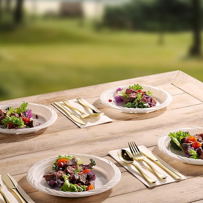 Munfix 100 Pack White Plastic Dinner Plates, 9 Inch Disposable Plates, Bulk Pack for Party, BBQ, Picnic, Parties, Travel and Events, Microwavable Recyclable